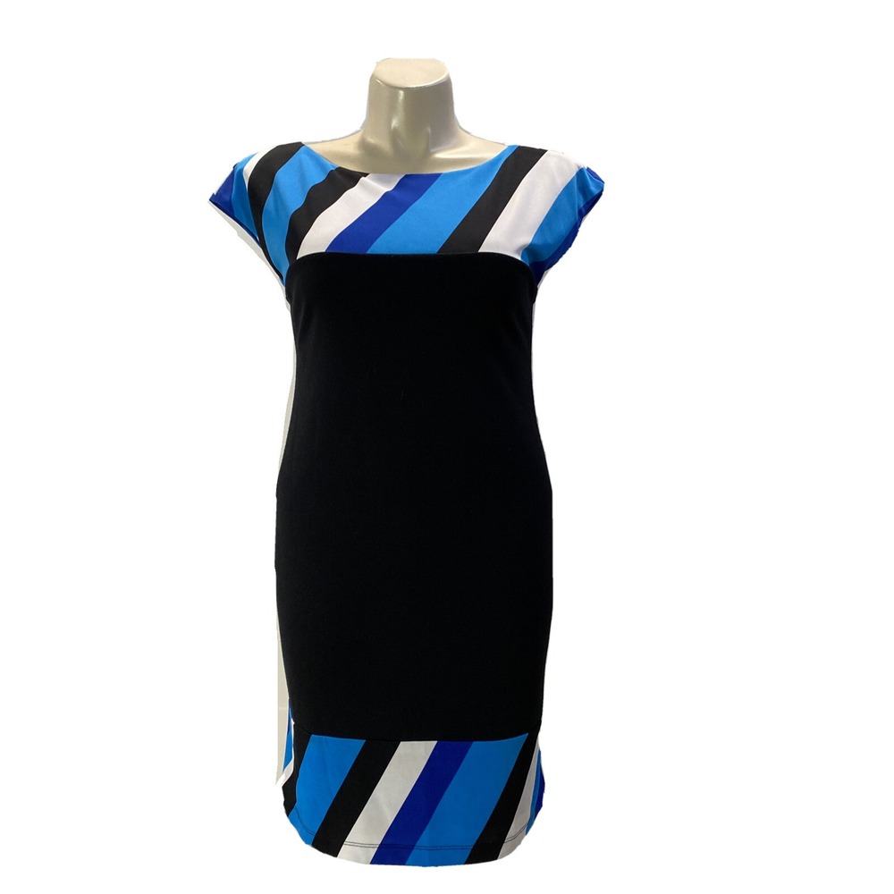 MUSE Dress 12 Black Blue White Stripe Colorblock V Back Flattering Office Casual